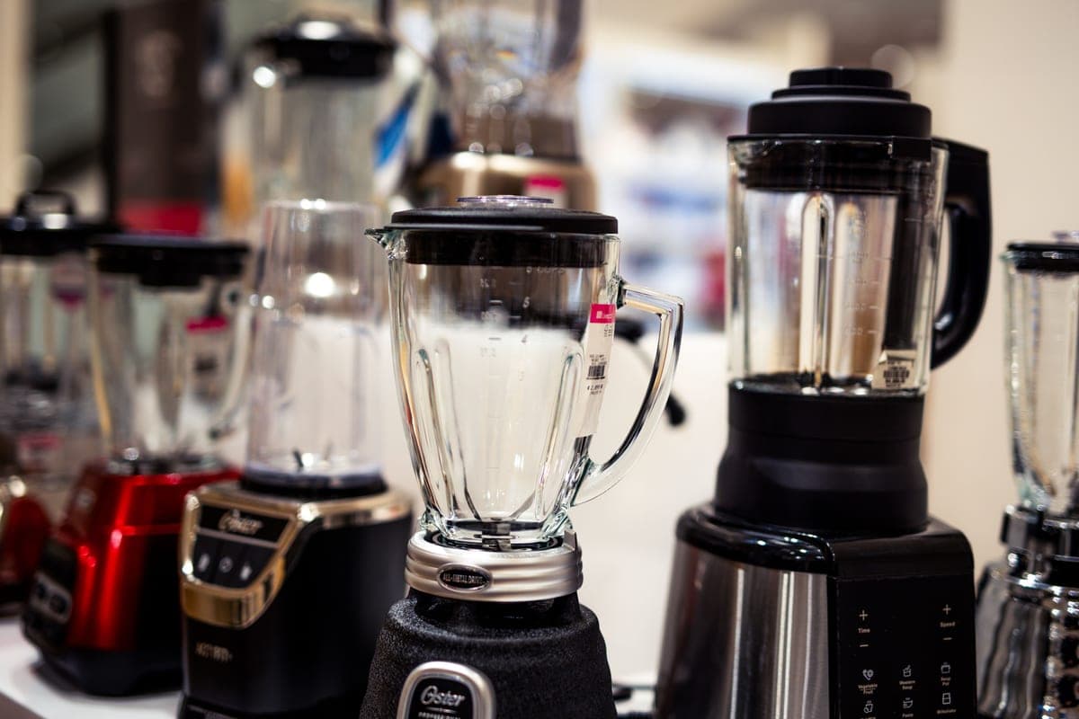Blender with a clear glass jar on a counter